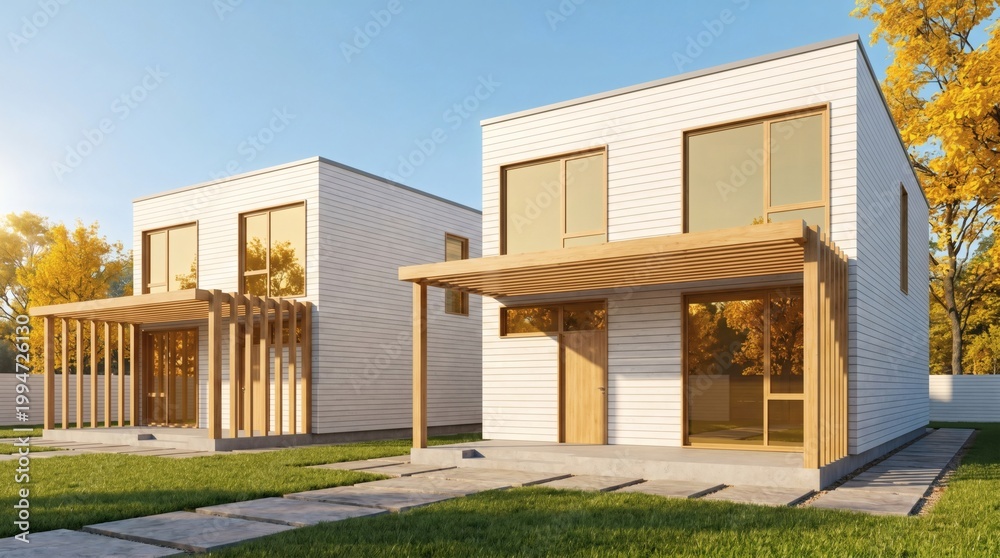 Fototapeta premium Two modern white minimalist cubic houses with wooden pergolas and green lawn under a clear blue sky in autumn.