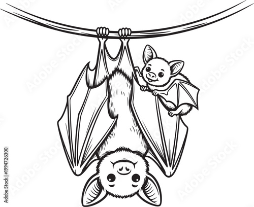 Cute bat mother and baby pup hanging upside down from branch in detailed black and white line art style for kids coloring page.