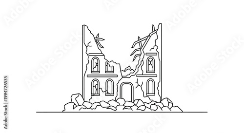 Damaged house with broken windows and walls.