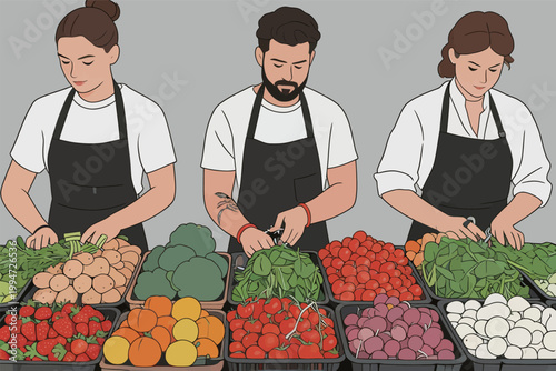 Three People Preparing Fresh Vegetables and Eggs
