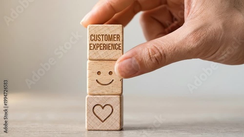 Hand placing a wooden cube labeled customer experience on top of blocks with smile and heart icons. Concept of satisfaction, loyalty, positive feedback, and building strong customer relationships.
