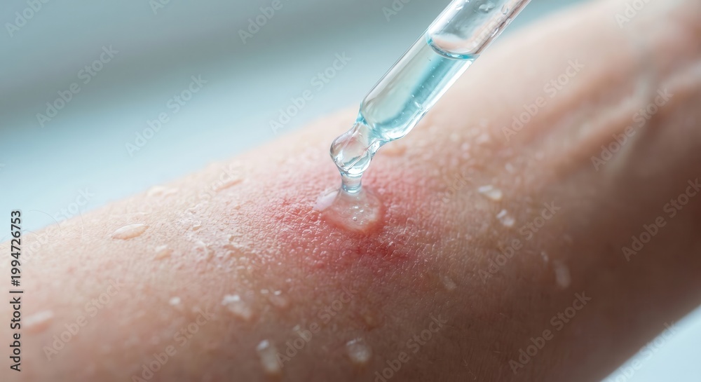 Fototapeta premium Glass dropper applying blue serum to irritated red skin