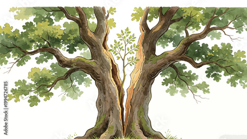 Watercolor Illustration of an Ancient Split Oak Tree Hosting a Young Sapling Growing Within Its Trunk, Symbolizing New Growth and Regeneration