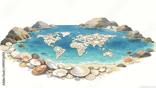 Watercolor Illustration of a Creative Coastal World Map, With Continental Outlines Formed by Smooth Pebbles and Seashells in a Turquoise Ocean Bay