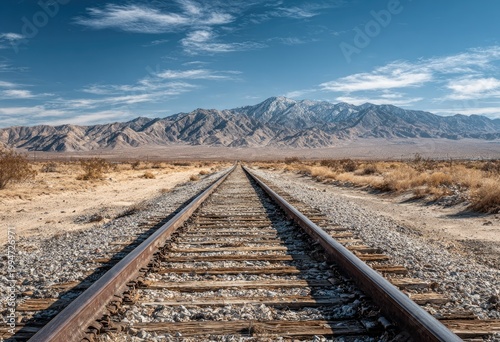 Straight railway tracks lead towards a distant mountain range in a desert landscape