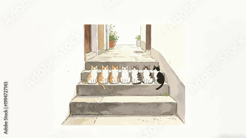 Seven Cute Domestic Cats of Different Coat Colors Sitting Neatly in a Row on Outdoor Concrete Steps, Watercolor Illustration of a Quiet Urban Alleyway