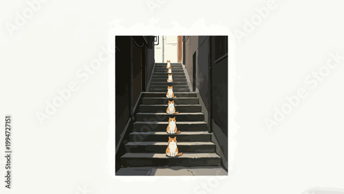 A Line of Matching Orange and White Tabby Cats Sitting Neatly on a Dim Urban Alley Staircase, Watercolor Illustration with Warm Quiet Whimsy