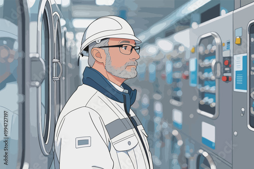 Senior Engineer in White Workwear in Industrial Plant