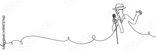 Continuous one line singer music musician guitar jazz band artist. Music singer live guitarist rock microphone drawing sing man star electric vintage singing studio rocker happy using drum concert