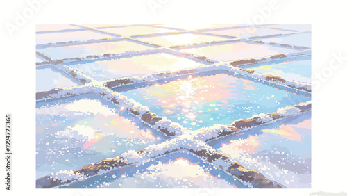 Sunlit Geometric Salt Pans Glittering Under Golden Dawn Light, Soft Dreamy Watercolor Anime-style Illustration with Pastel Rainbow Reflections on Calm Brine