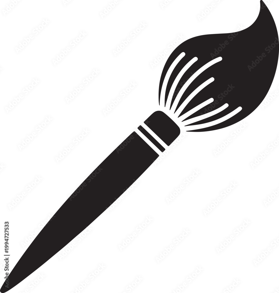 Fototapeta premium Black and white of a paintbrush with a curved handle and fanned bristles painting