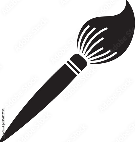 Black and white of a paintbrush with a curved handle and fanned bristles painting