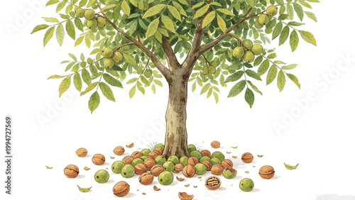 Watercolor Illustration of a Fruiting Walnut Tree, With Fallen Ripe Walnuts and Hulls Scattered at the Base Against a Plain White Background