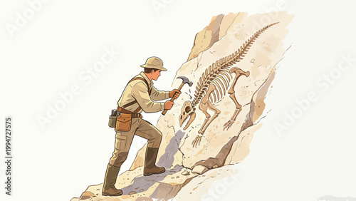 Watercolor Illustration of a Paleontologist carefully Excavating a Fully Preserved Dinosaur Skeleton Fossil Embedded in a Sandstone Rock Face at a Field Dig Site