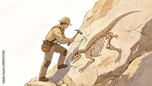 Paleontologist carefully excavating an embedded theropod dinosaur skeleton from a rocky cliff face during a fossil dig expedition, illustrated in warm earthy tones
