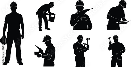 Construction workers performing various tasks