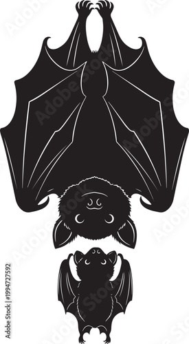 Black silhouette of a bat hanging upside down and a small bat flying isolated on a transparent background vector illustration.