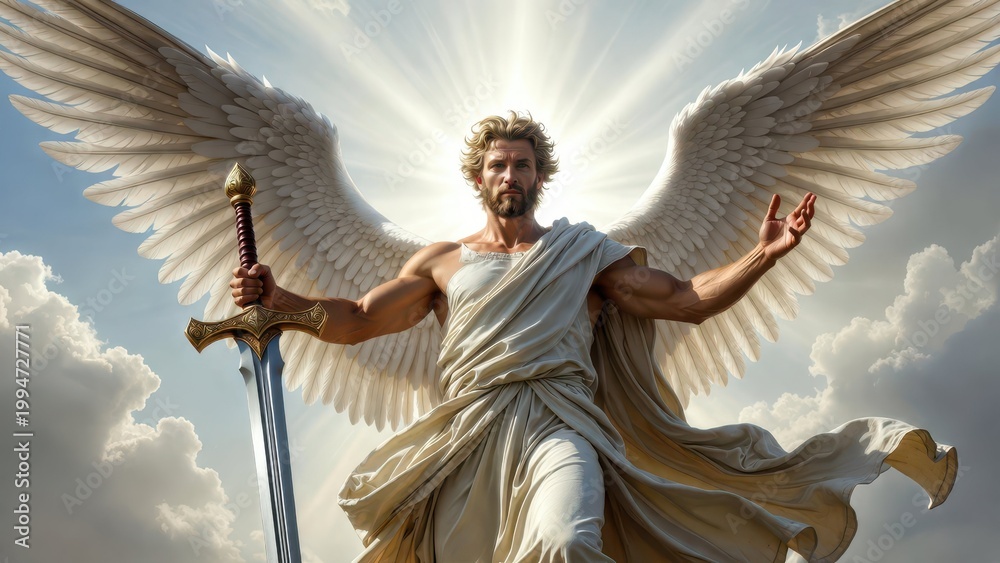 Obraz premium Majestic angel with sword and wings, radiating divine light in a cloudy sky