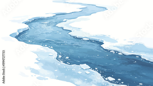 Winding Partially Frozen Polar Waterway: Digital Illustration of a Blue Open Stream Cutting Through a Snowy Frozen Tundra Landscape, With Floating Ice Fragments