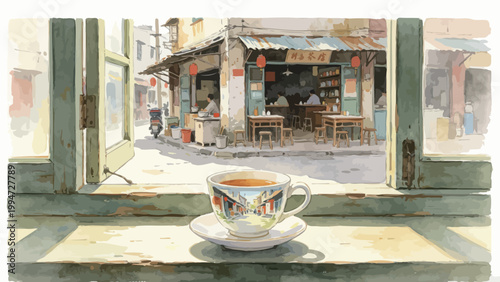 Watercolor Painting: A Cup of Tea on a Windowsill Overlooking a Vintage Street-Side Old Neighborhood Teahouse on a Sunny Day