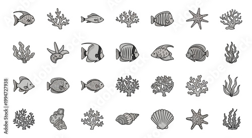 Fish and sea creatures illustrations set.