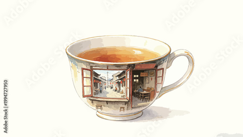 Surreal Watercolor Painting of a Teacup Holding Amber Tea, Featuring an Open-Doored Traditional Old Street Teahouse Painted onto the Cup's Surface, Whimsical Miniature Concept Art with Soft Warm Tones