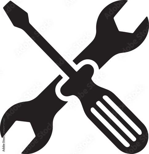 Black and white of crossed wrench and screwdriver tools