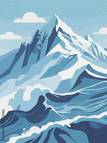 Abstract Blue Mountain and Wave Illustration