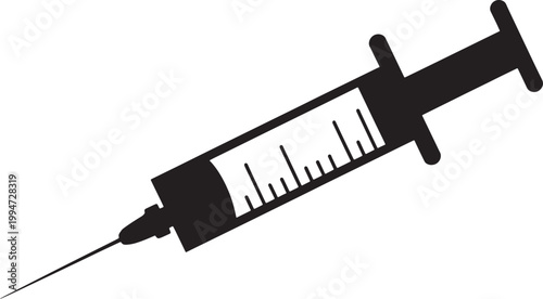 Black and white silhouette of a medical syringe with needle and measurement markings