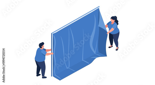 Two People Working Together to Unveil a Blue Surface.