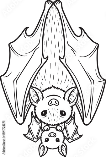 Cute baby bat hanging upside down, adorable illustration for halloween or fantasy themes, sweet animal character.