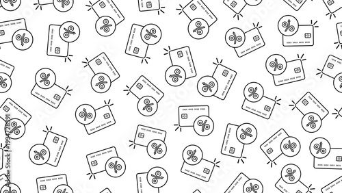 Fotografie Seamless vector pattern featuring a stroke outline style credit or debit card with a percentage symbol for overdraft and banking concepts