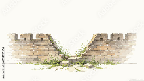 Watercolor Sketch of a Ruined Weathered Fortification Parapet with Overgrown Wild Vegetation, Showing Time-Worn Crumbling Brick City Wall on Blank Cream Background