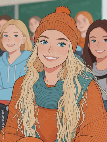 Blonde Girl in Classroom Wearing Orange Outfit