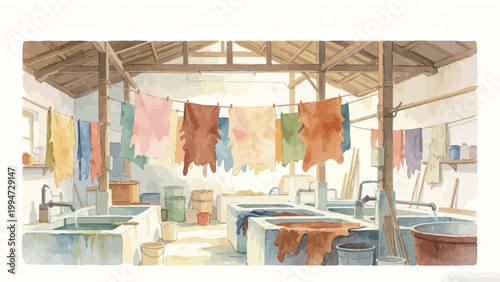 Watercolor Illustration of a Traditional Artisan Dye Workshop, Where Naturally Dyed Leather and Fabrics Hang to Dry on Lines Above Open Washing Troughs