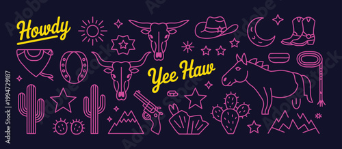 Hand drawn western doodle vector set with cowboy hats, boots, cactus, horse, skull, revolver and sheriff badge, perfect for vintage rustic wild west designs.