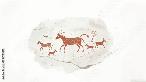 Prehistoric Rock Painting Style Illustration of a Herd of Antelopes on a Weathered Stone Fragment Under Falling Rain, in Warm Rusty Red and Pale Tones