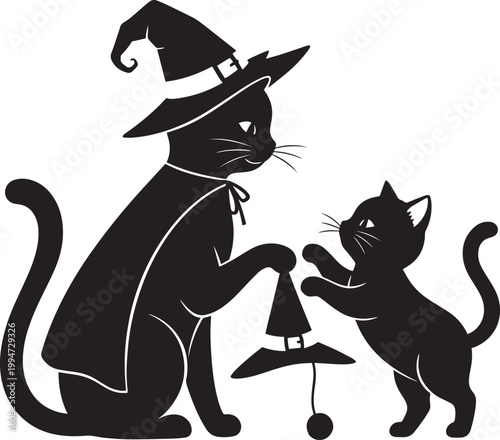 Witch cat and kitten silhouette characters playing with small pointy hat and toy ball during halloween holiday celebration.