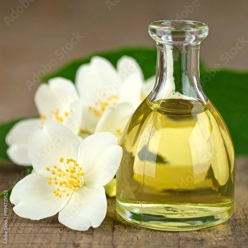 Glass bottle of jasmine essential oil with fresh white flowers on rustic wood, perfect for aromatherapy, spa relaxation, natural skincare treatments