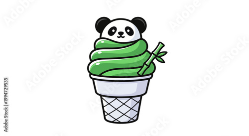A cute panda bear enjoys green matcha soft serve ice cream in a waffle cone outdoors.