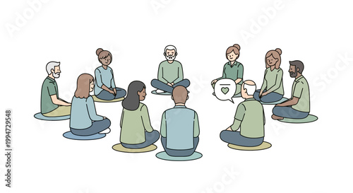Diverse group of people sitting in a circle meditating together in harmony outdoors.