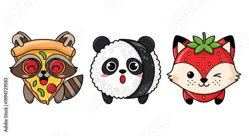 Cute cartoon animals eating food illustrations on white background