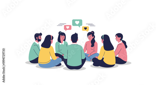 People sitting in a circle communicating with social media icons above them
