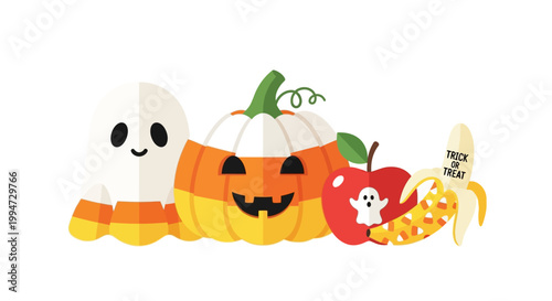 A cartoon ghost and jack-o-lantern with fruit and pizza on a white background for Halloween.