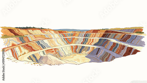 Watercolor Illustration of a Folded Layered Stratigraphy in an Open Pit Mine, Showing Wavy Geologic Strata and Stepwise Excavation Terraces