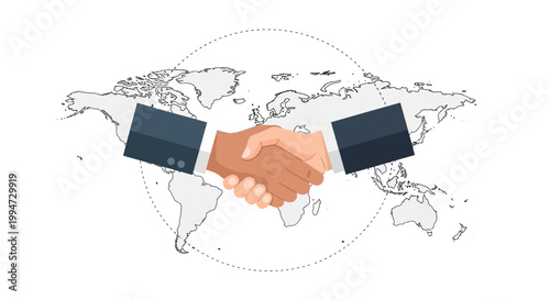 Business partners shake hands on a world map background in a global agreement