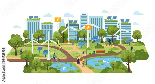 People enjoy a city park with solar panels and wind turbines nearby buildings