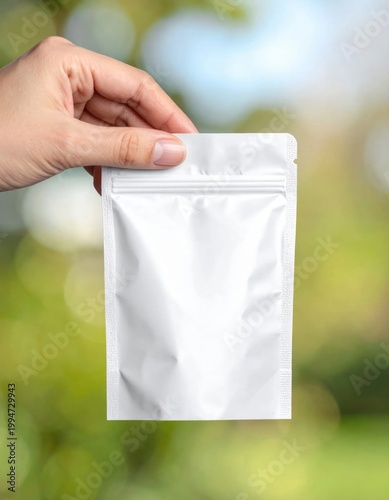 hand holding a white blank ziplock pouch mockup, food packaging template, pouch bag for dry goods, snack storage, retail branding presentation