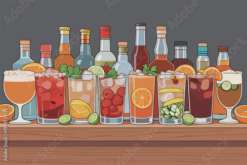 Colorful Cocktails and Beverages with Bottles
