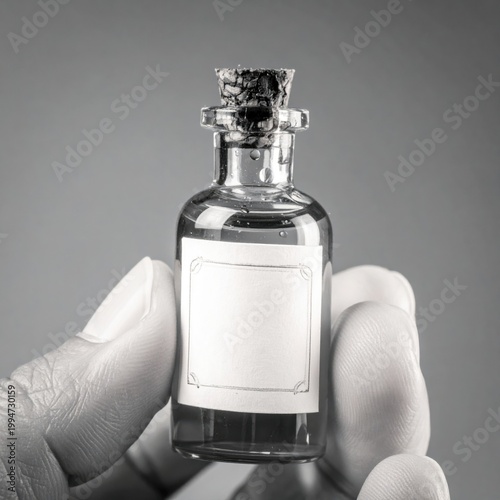 Hand holding vintage glass apothecary bottle with cork stopper and blank label, magic potion or herbal medicine remedy, medicinal alchemy flask